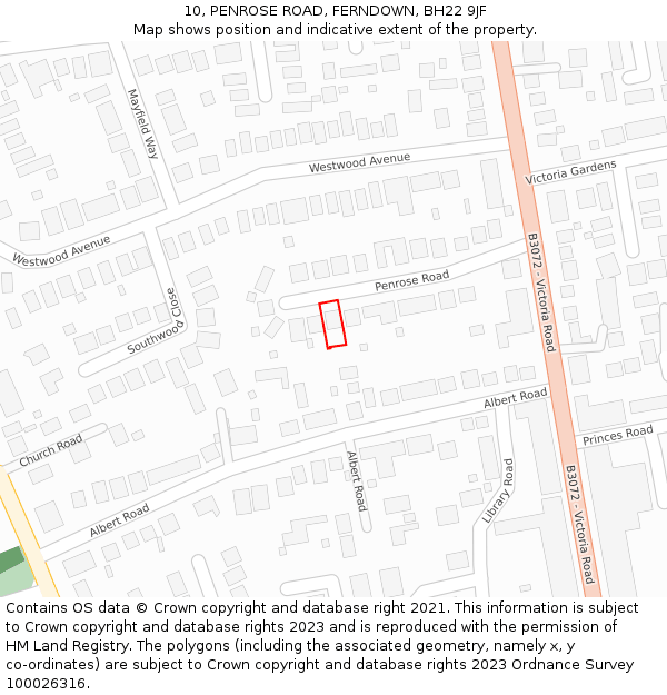 10, PENROSE ROAD, FERNDOWN, BH22 9JF: Location map and indicative extent of plot