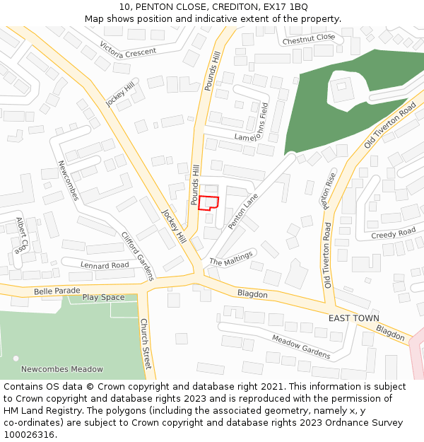 10, PENTON CLOSE, CREDITON, EX17 1BQ: Location map and indicative extent of plot