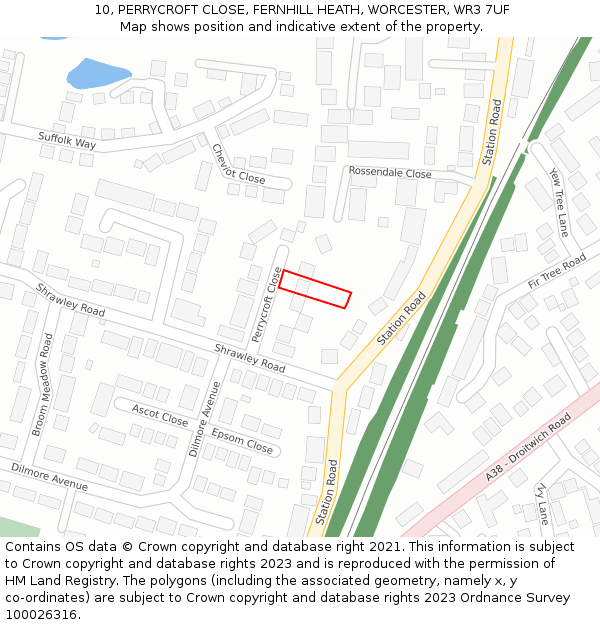 10, PERRYCROFT CLOSE, FERNHILL HEATH, WORCESTER, WR3 7UF: Location map and indicative extent of plot