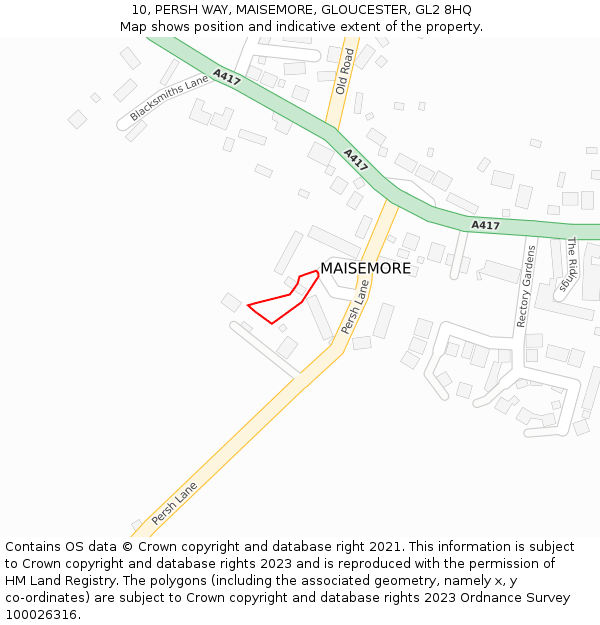 10, PERSH WAY, MAISEMORE, GLOUCESTER, GL2 8HQ: Location map and indicative extent of plot