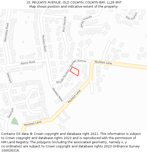10, PEULWYS AVENUE, OLD COLWYN, COLWYN BAY, LL29 9NT: Location map and indicative extent of plot