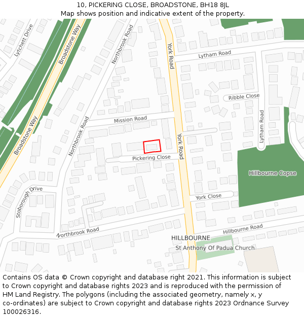 10, PICKERING CLOSE, BROADSTONE, BH18 8JL: Location map and indicative extent of plot