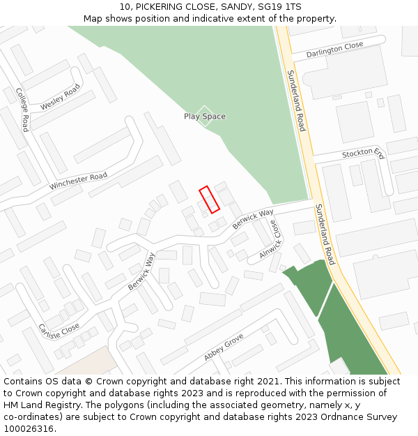 10, PICKERING CLOSE, SANDY, SG19 1TS: Location map and indicative extent of plot