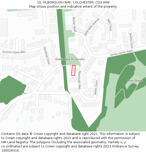 10, PILBOROUGH WAY, COLCHESTER, CO3 9XW: Location map and indicative extent of plot