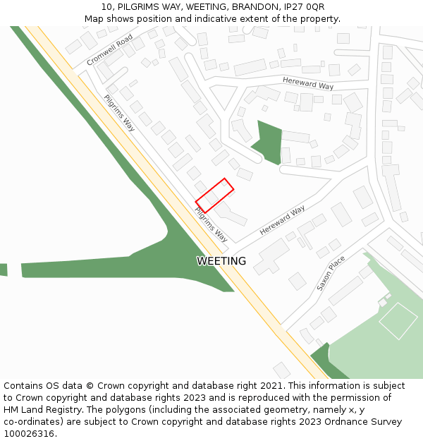 10, PILGRIMS WAY, WEETING, BRANDON, IP27 0QR: Location map and indicative extent of plot