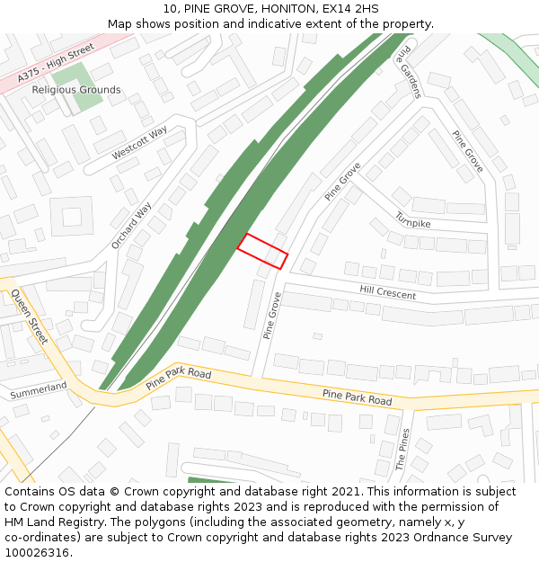 10, PINE GROVE, HONITON, EX14 2HS: Location map and indicative extent of plot