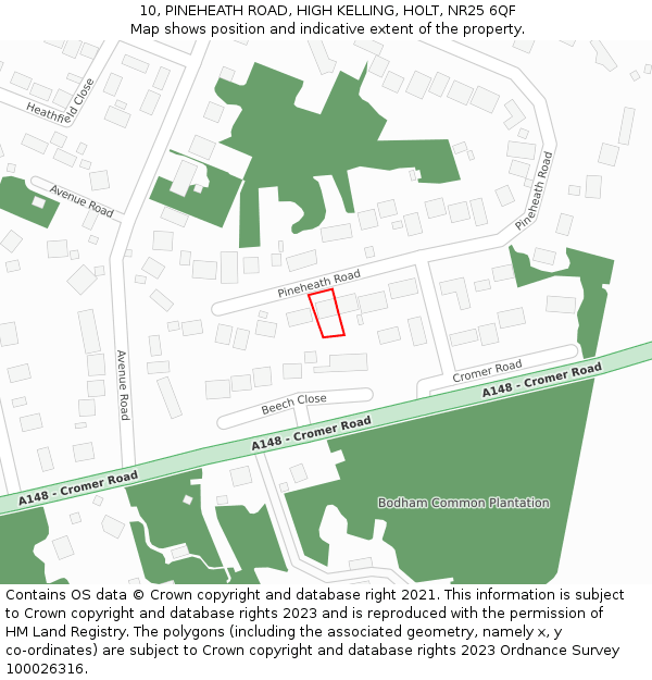 10, PINEHEATH ROAD, HIGH KELLING, HOLT, NR25 6QF: Location map and indicative extent of plot