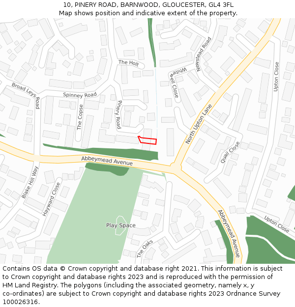 10, PINERY ROAD, BARNWOOD, GLOUCESTER, GL4 3FL: Location map and indicative extent of plot