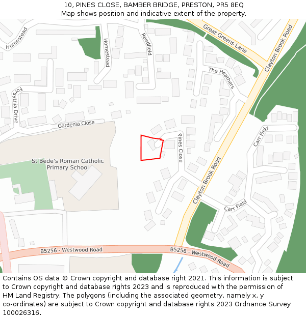 10, PINES CLOSE, BAMBER BRIDGE, PRESTON, PR5 8EQ: Location map and indicative extent of plot