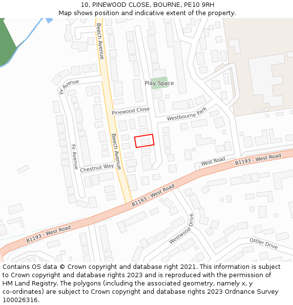 10, PINEWOOD CLOSE, BOURNE, PE10 9RH: Location map and indicative extent of plot