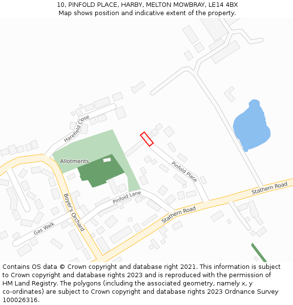 10, PINFOLD PLACE, HARBY, MELTON MOWBRAY, LE14 4BX: Location map and indicative extent of plot