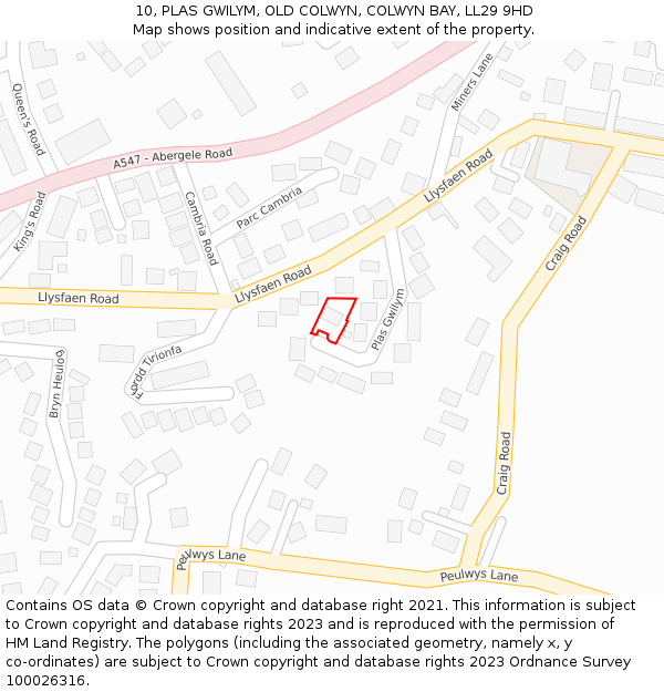 10, PLAS GWILYM, OLD COLWYN, COLWYN BAY, LL29 9HD: Location map and indicative extent of plot