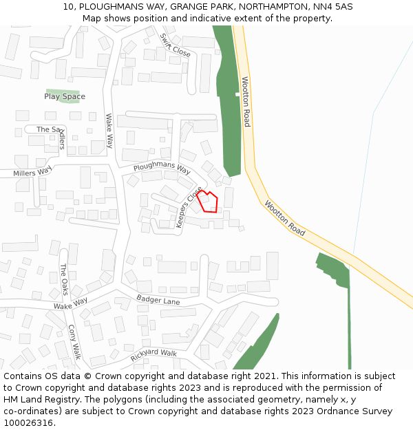 10, PLOUGHMANS WAY, GRANGE PARK, NORTHAMPTON, NN4 5AS: Location map and indicative extent of plot
