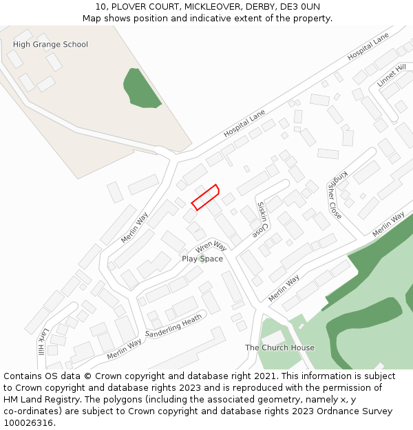 10, PLOVER COURT, MICKLEOVER, DERBY, DE3 0UN: Location map and indicative extent of plot