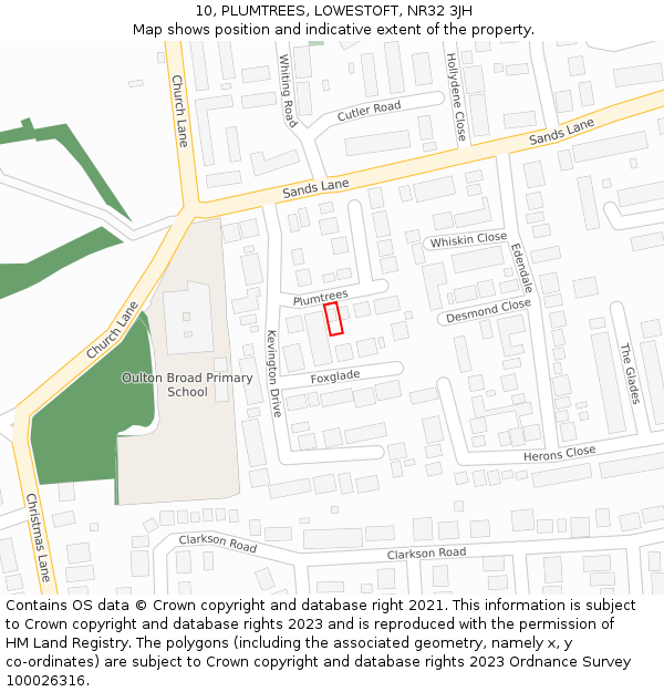 10, PLUMTREES, LOWESTOFT, NR32 3JH: Location map and indicative extent of plot