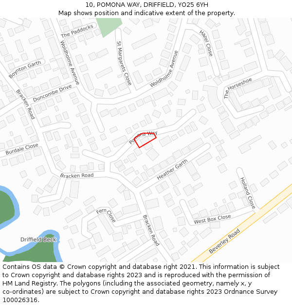 10, POMONA WAY, DRIFFIELD, YO25 6YH: Location map and indicative extent of plot