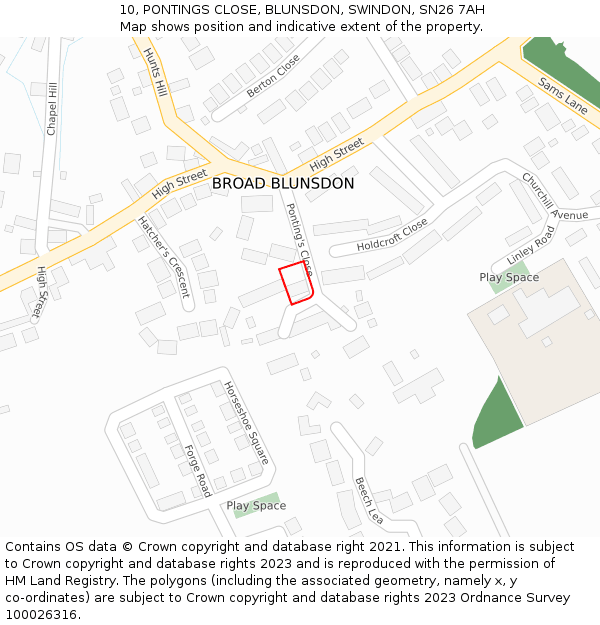 10, PONTINGS CLOSE, BLUNSDON, SWINDON, SN26 7AH: Location map and indicative extent of plot