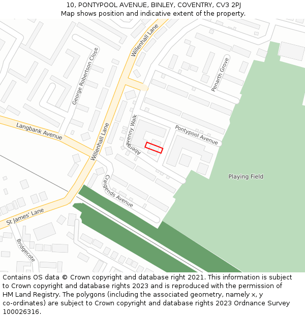 10, PONTYPOOL AVENUE, BINLEY, COVENTRY, CV3 2PJ: Location map and indicative extent of plot