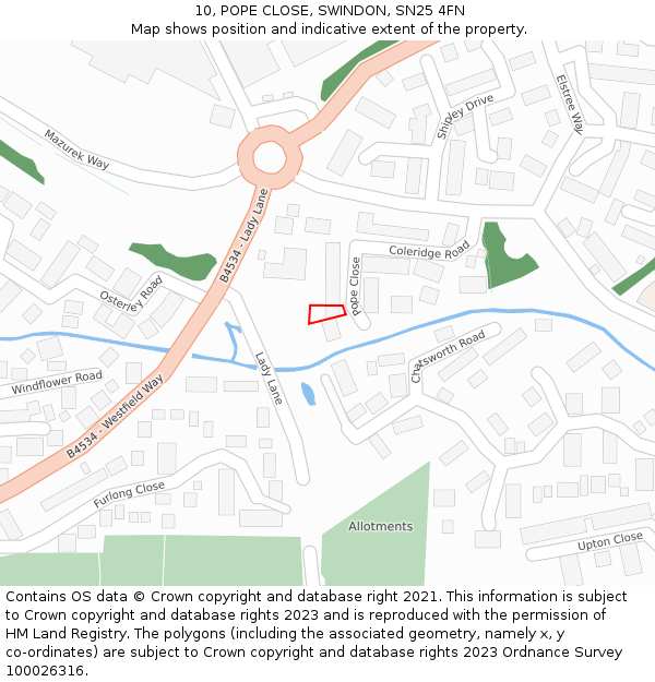 10, POPE CLOSE, SWINDON, SN25 4FN: Location map and indicative extent of plot