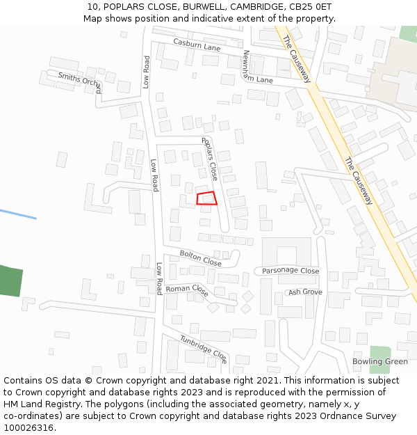 10, POPLARS CLOSE, BURWELL, CAMBRIDGE, CB25 0ET: Location map and indicative extent of plot