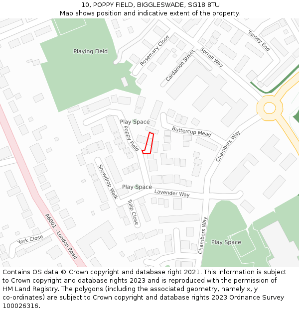 10, POPPY FIELD, BIGGLESWADE, SG18 8TU: Location map and indicative extent of plot