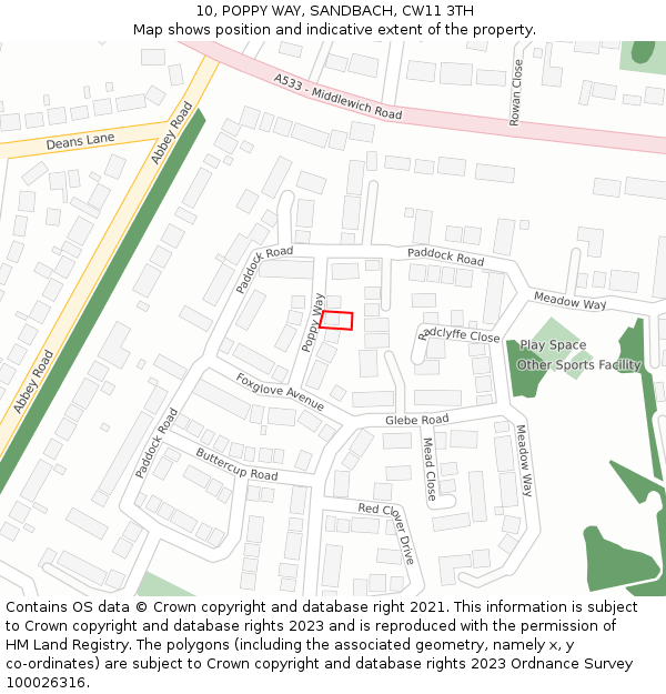 10, POPPY WAY, SANDBACH, CW11 3TH: Location map and indicative extent of plot