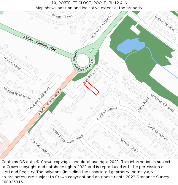 10, PORTELET CLOSE, POOLE, BH12 4LN: Location map and indicative extent of plot