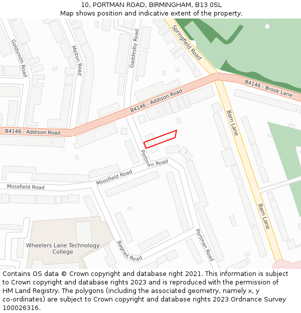 10, PORTMAN ROAD, BIRMINGHAM, B13 0SL: Location map and indicative extent of plot