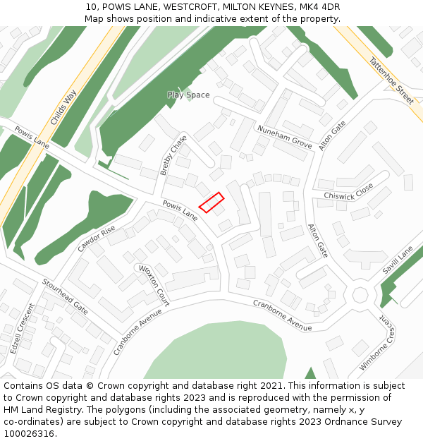 10, POWIS LANE, WESTCROFT, MILTON KEYNES, MK4 4DR: Location map and indicative extent of plot