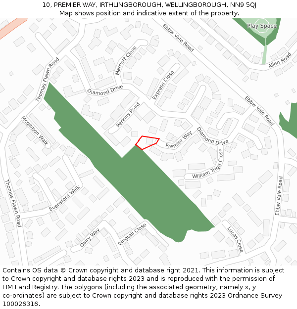 10, PREMIER WAY, IRTHLINGBOROUGH, WELLINGBOROUGH, NN9 5QJ: Location map and indicative extent of plot