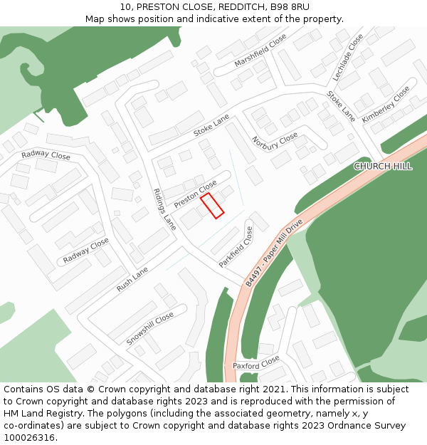 10, PRESTON CLOSE, REDDITCH, B98 8RU: Location map and indicative extent of plot