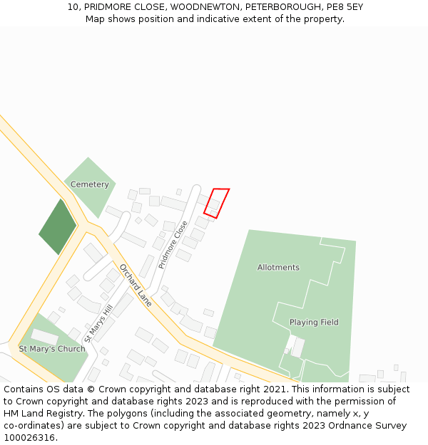 10, PRIDMORE CLOSE, WOODNEWTON, PETERBOROUGH, PE8 5EY: Location map and indicative extent of plot