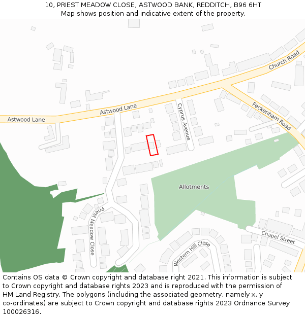 10, PRIEST MEADOW CLOSE, ASTWOOD BANK, REDDITCH, B96 6HT: Location map and indicative extent of plot