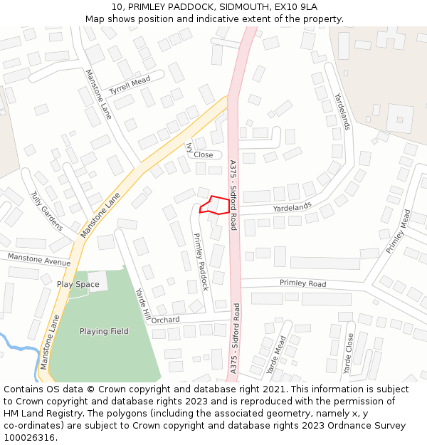 10, PRIMLEY PADDOCK, SIDMOUTH, EX10 9LA: Location map and indicative extent of plot