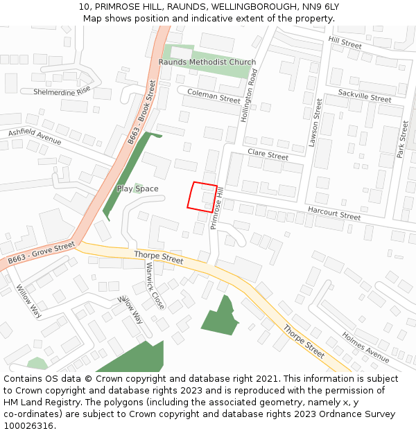 10, PRIMROSE HILL, RAUNDS, WELLINGBOROUGH, NN9 6LY: Location map and indicative extent of plot