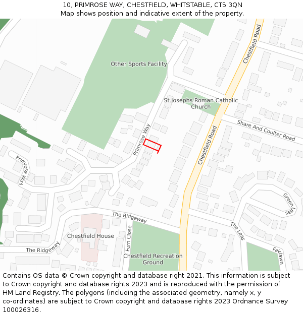 10, PRIMROSE WAY, CHESTFIELD, WHITSTABLE, CT5 3QN: Location map and indicative extent of plot