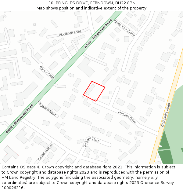 10, PRINGLES DRIVE, FERNDOWN, BH22 8BN: Location map and indicative extent of plot