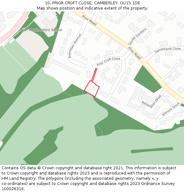 10, PRIOR CROFT CLOSE, CAMBERLEY, GU15 1DE: Location map and indicative extent of plot