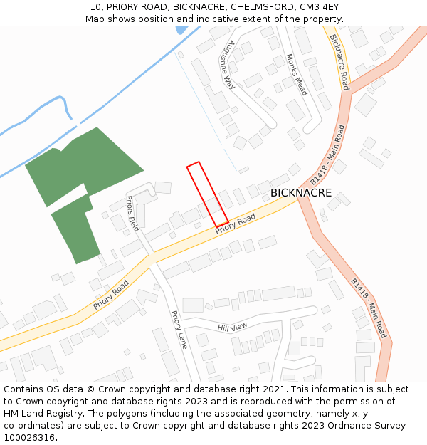 10, PRIORY ROAD, BICKNACRE, CHELMSFORD, CM3 4EY: Location map and indicative extent of plot