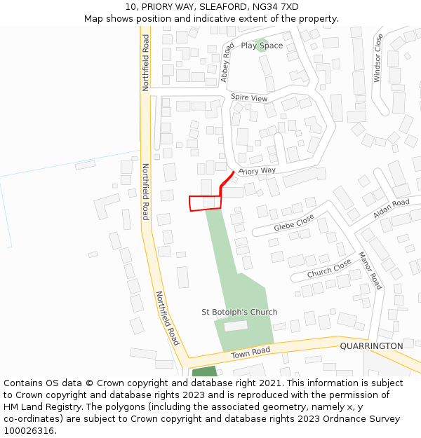 10, PRIORY WAY, SLEAFORD, NG34 7XD: Location map and indicative extent of plot