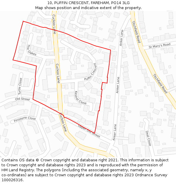 10, PUFFIN CRESCENT, FAREHAM, PO14 3LG: Location map and indicative extent of plot