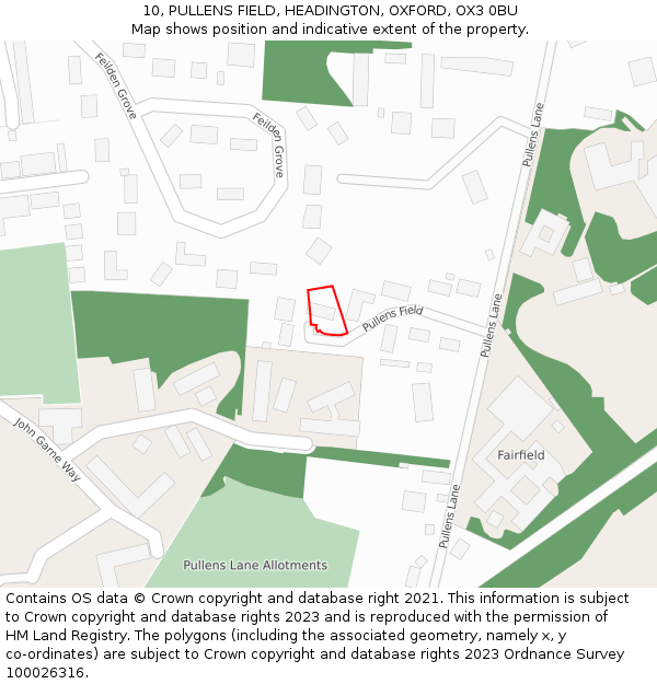 10, PULLENS FIELD, HEADINGTON, OXFORD, OX3 0BU: Location map and indicative extent of plot