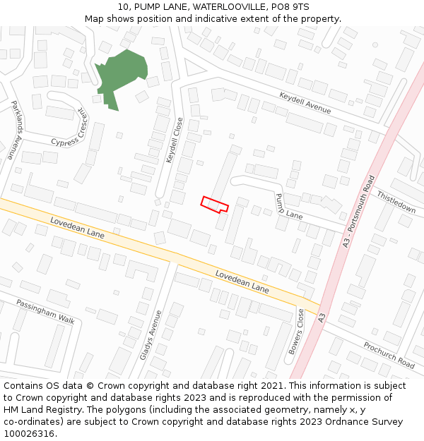 10, PUMP LANE, WATERLOOVILLE, PO8 9TS: Location map and indicative extent of plot