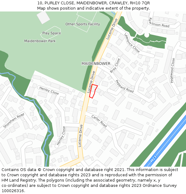 10, PURLEY CLOSE, MAIDENBOWER, CRAWLEY, RH10 7QR: Location map and indicative extent of plot