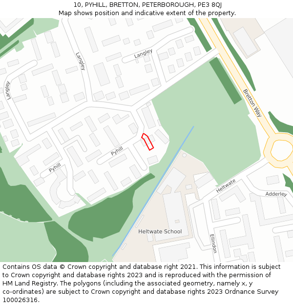 10, PYHILL, BRETTON, PETERBOROUGH, PE3 8QJ: Location map and indicative extent of plot