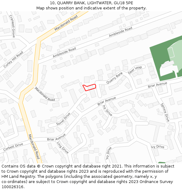 10, QUARRY BANK, LIGHTWATER, GU18 5PE: Location map and indicative extent of plot