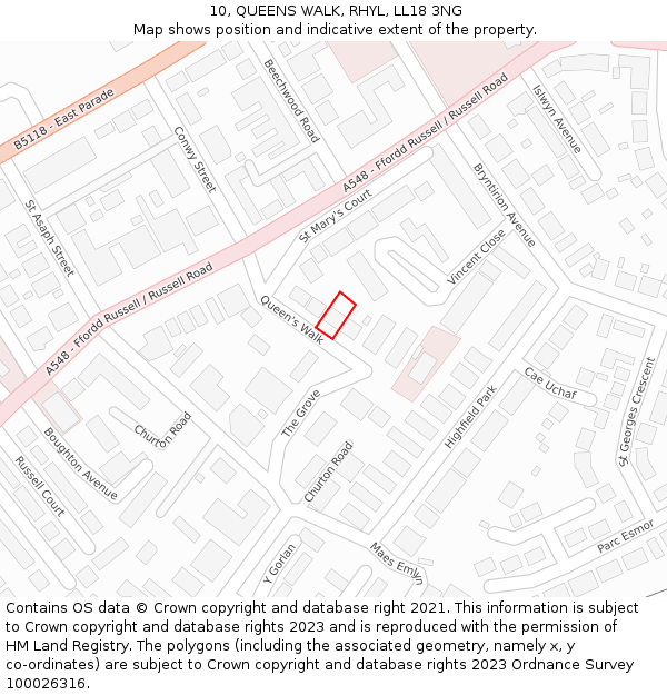 10, QUEENS WALK, RHYL, LL18 3NG: Location map and indicative extent of plot