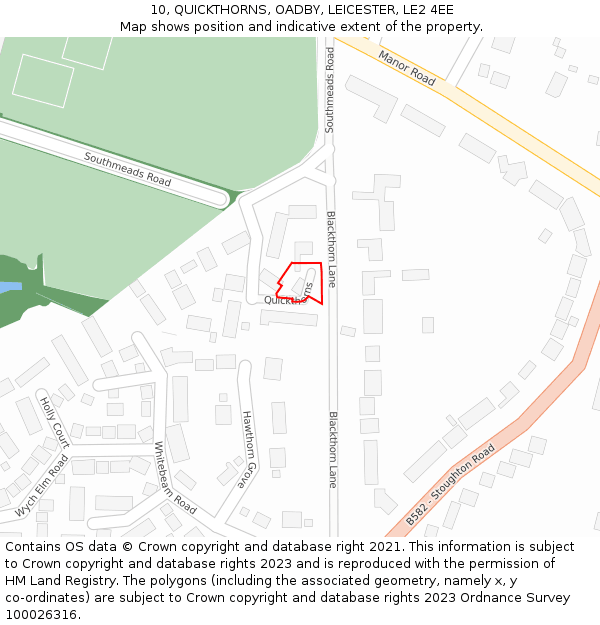10, QUICKTHORNS, OADBY, LEICESTER, LE2 4EE: Location map and indicative extent of plot