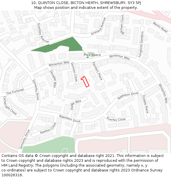 10, QUINTON CLOSE, BICTON HEATH, SHREWSBURY, SY3 5PJ: Location map and indicative extent of plot