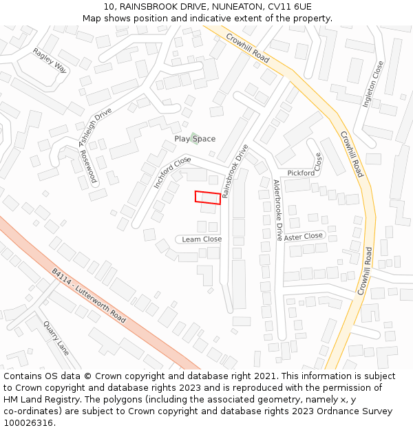 10, RAINSBROOK DRIVE, NUNEATON, CV11 6UE: Location map and indicative extent of plot